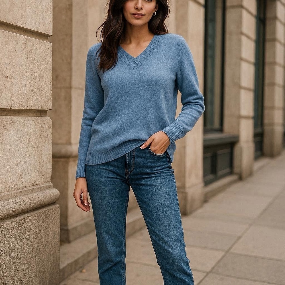 LOFT Light Blue V-Neck Sweater - Picture 1 of 8